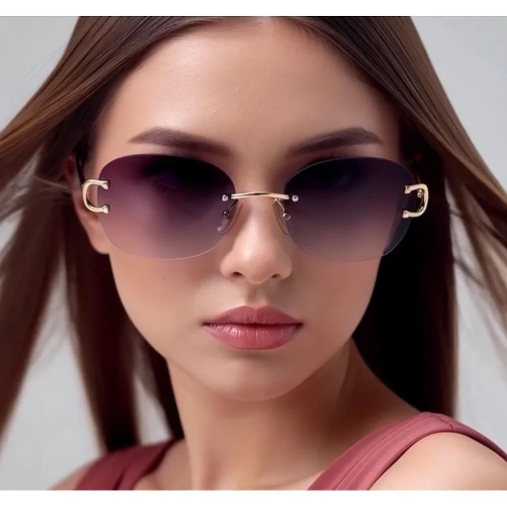 Classic Elegant Modern Sophisticated SUNGLASSES Rimless Gold Frame Black Lens‎